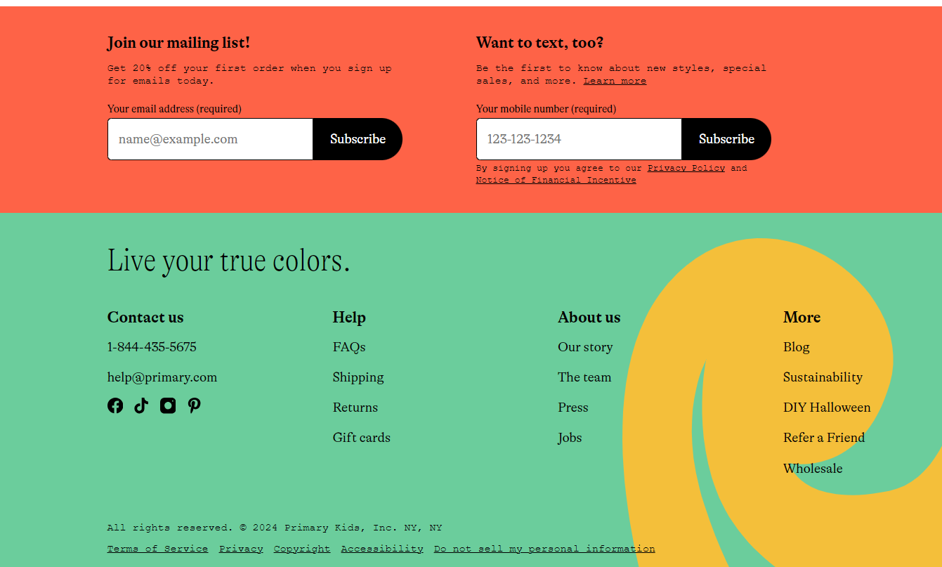 Primary.com newsletter subscription section offering 20% off on first order and text updates about new styles, sales, and special offers.